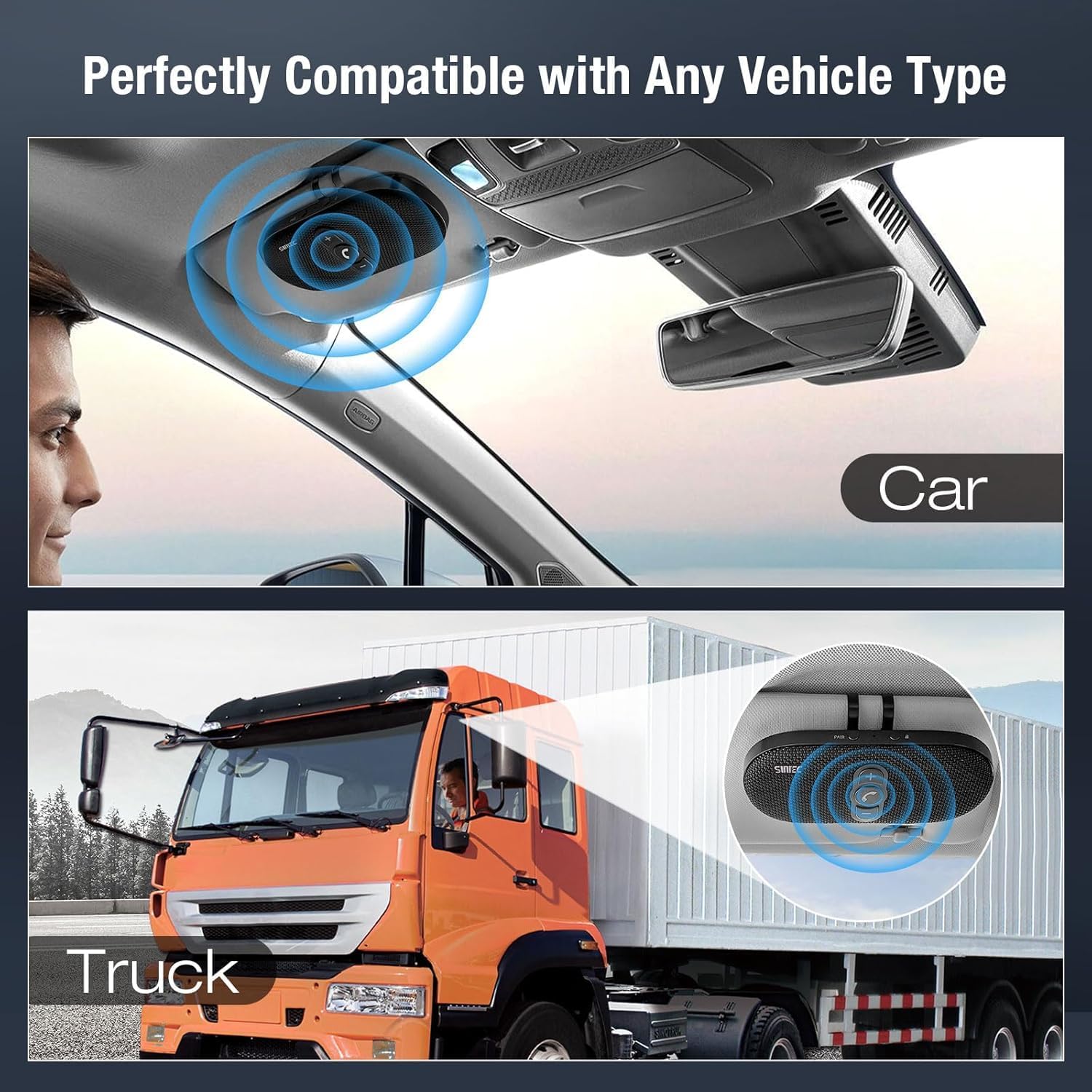 Kit mains libres Bluetooth pour voiture - Siri et Google Assistant - Haut-parleur 6 W - Allumage automatique - Clip de visière pour camionnettes