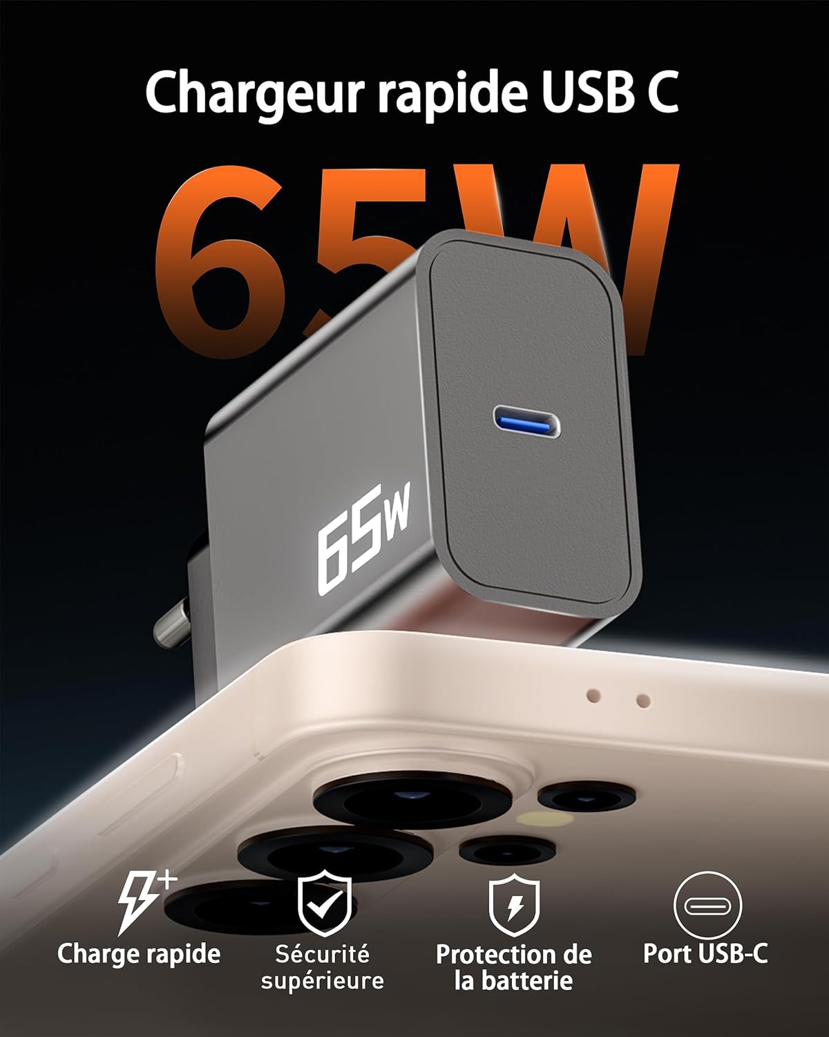 60W/65W Chargeur USB C Charge Rapide pour Samsung Galaxy S26 Ultra S25 S24 S23 S22 FE 5G A56 A55 A54 A16, Note 20 10, Tab S11 S10 S9, PD Adaptateur Prise Secteur USBC Fast Charger + 2M Type C Câble