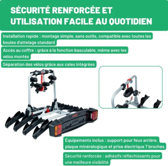 Mont Blanc Porte-vélos d'attelage Tow Voyage Rapid - 4 vélos, Boule attelage 50 mm, basculable accès Coffre, Verrouillage 2 clés, Support Feux 7 Broches, adhésif réfléchissant Transport jusqu’à 4 vélos