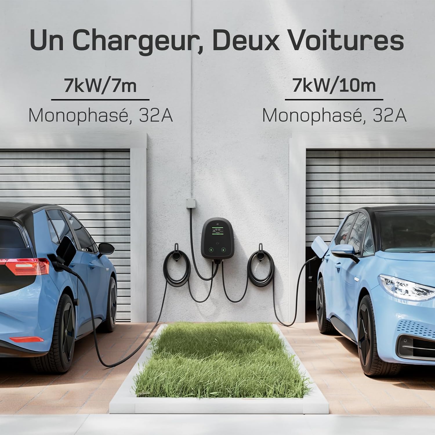 Borne de Recharge Double 2×7kW [7m+10m, 2×32A, Monophasé] Wallbox 7kW avec Double Câble Type 2, Chargeur Voiture Electrique Contrôle par App et Écran Tactile, pour Model Y/3 et Autres BEV/PHEV 2×7 kW avec câble de charge 7m + 10m