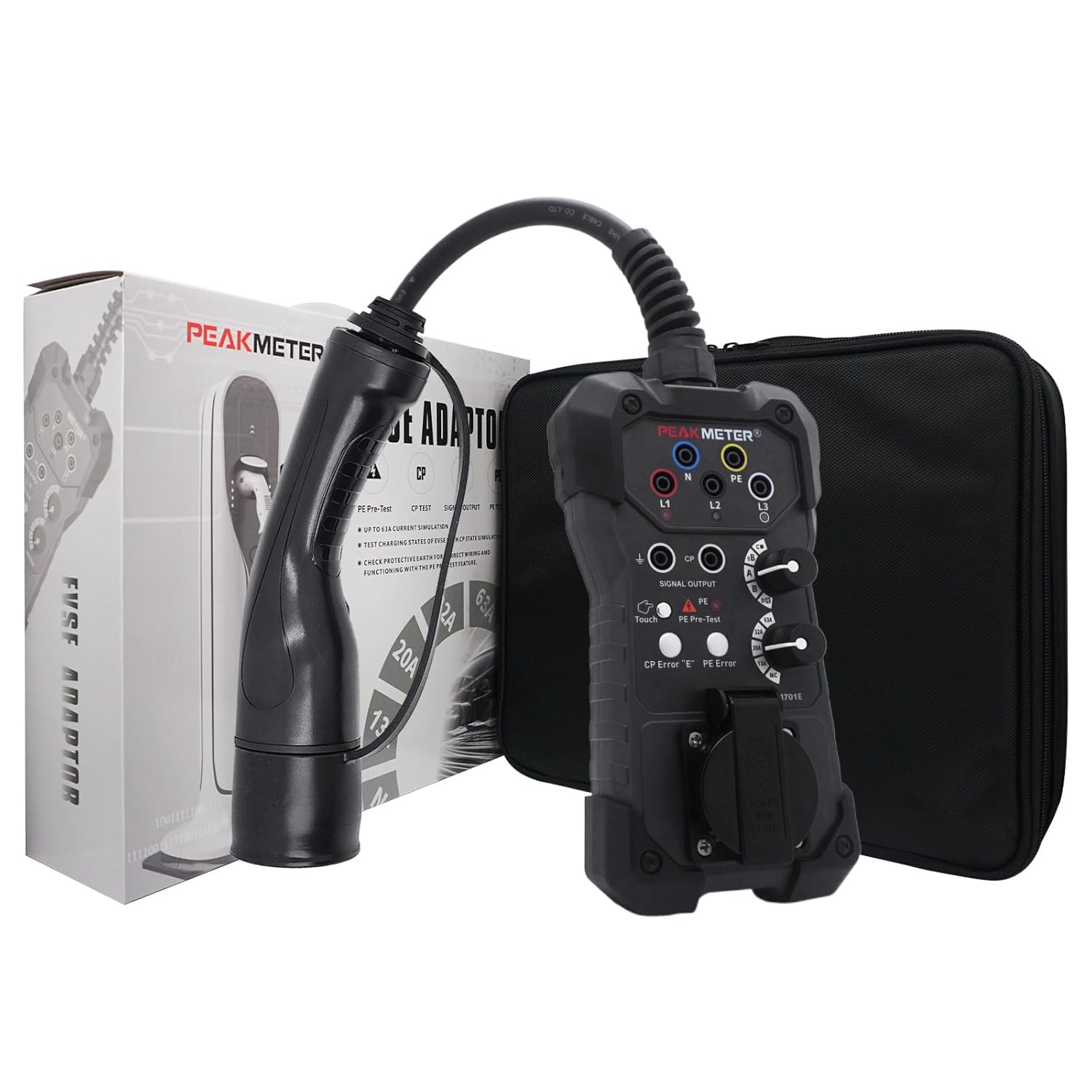 Adaptateur EVSE, test de station de charge de type 2, analogique PP et CP, multimètre et oscilloscope connectables, prise schuko intégrée, LED intégrée pour indicateur de phase