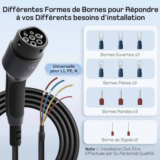 Câble de Recharge Type 2 extrémité Ouverte 7kW [1-Phase- 7,5m- 32A] pour Wallbox/Câble de Remplacement pour Station de Recharge 7kw 32a Monophasé 7,5m