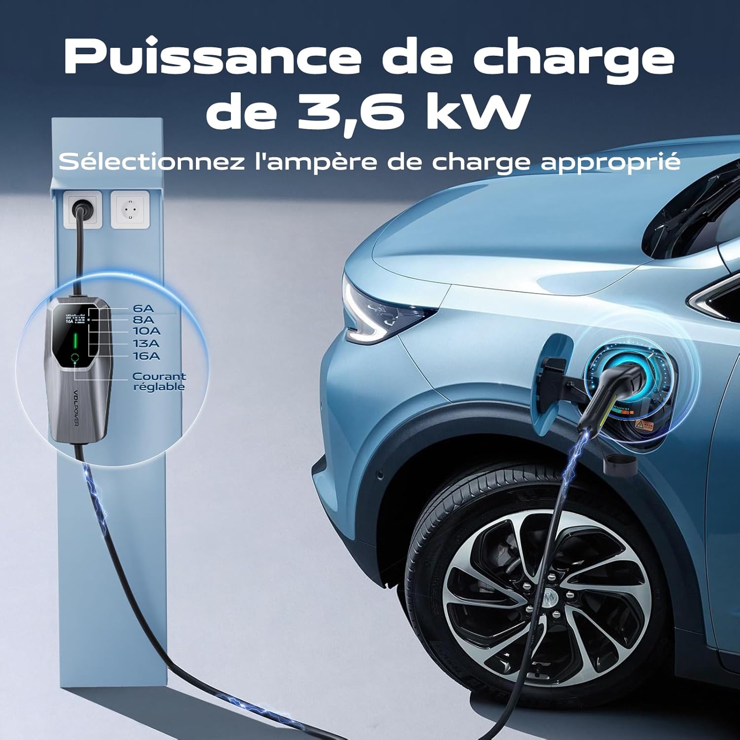 Chargeur Voiture Electrique, 8M 3.6KW EV Chargeur Type 2, Écran Tactile LED, Cable Recharge Véhicule Electrique 6-16A avec EU Schuko Prise, Borne de Recharge Monophasé IP65 (IEC 62196-2) 3.6KW 8M