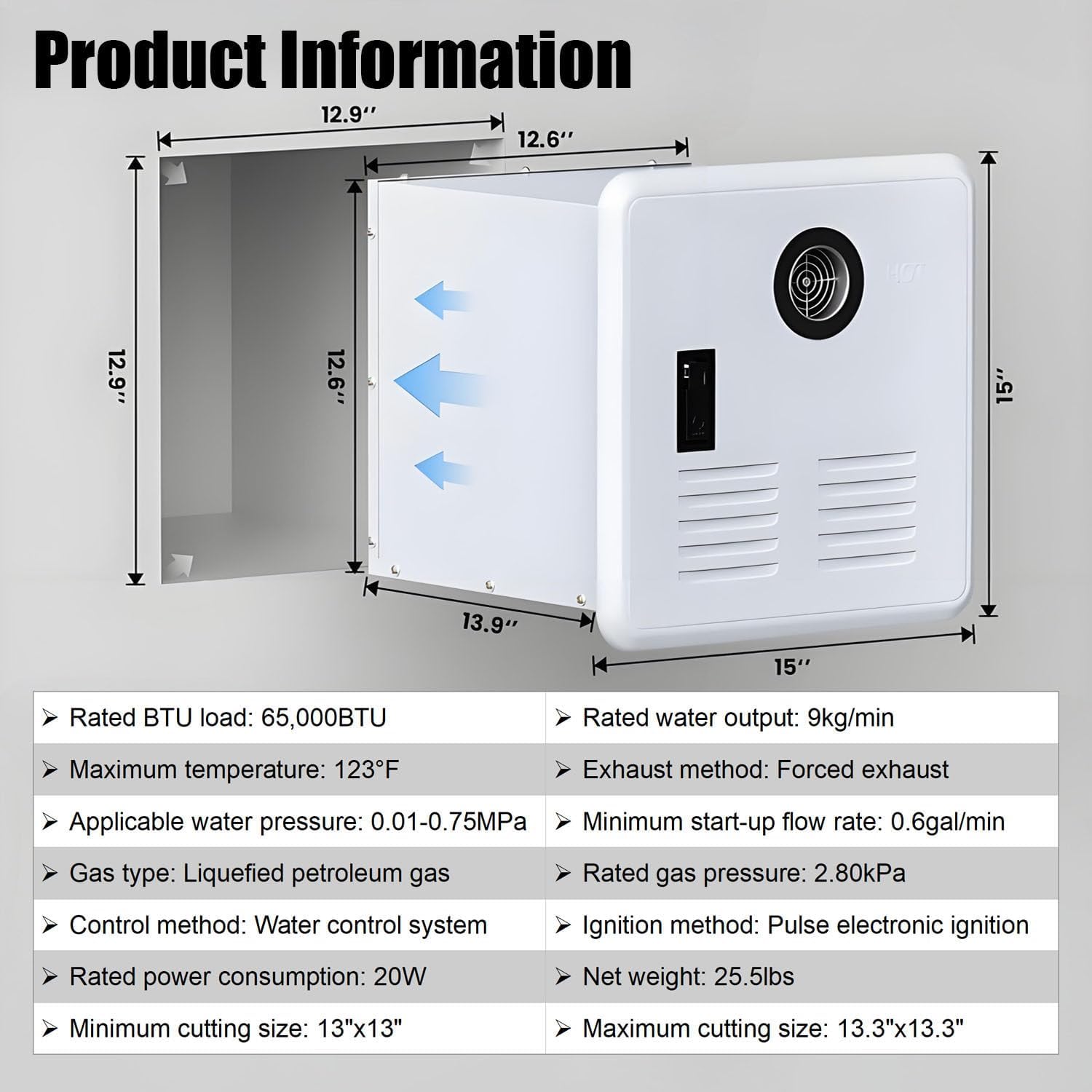 Chauffe-Eau instantané au Propane pour Camping-Car, 65 000 BTU, 12 V CC, débit Maximal de 3,9 GPM, avec Porte de 15 x 15 Pouces et télécommande - Black Noir