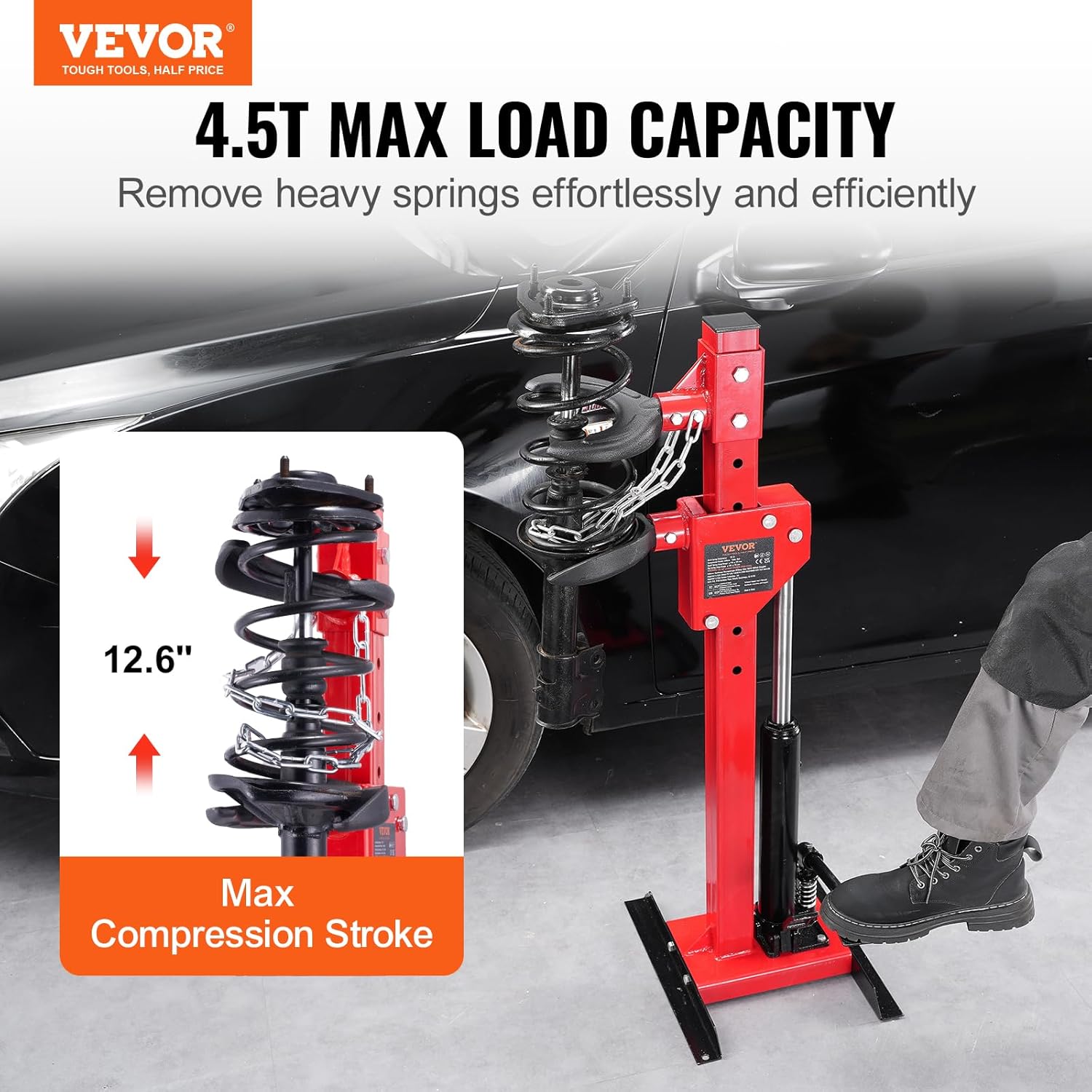 Kit Compresseur Ressort Amortisseur pour Voiture Force de Compression 1 T Course 320 mm Tendeur de Ressort Vérin Hydraulique 4,5 T Opération à Pied pour Démonter Ressorts de Suspension Auto SUV