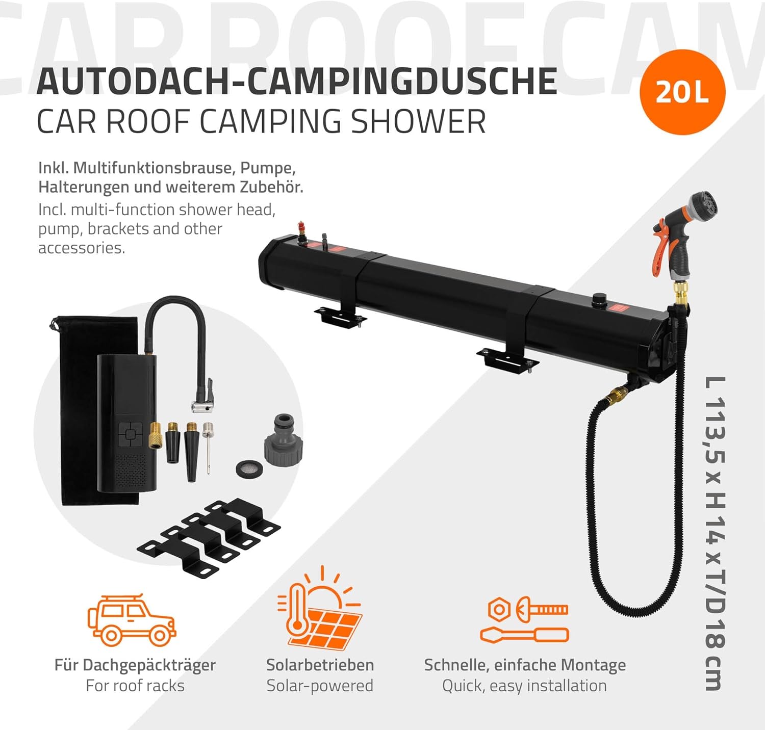 ML-Design Douche Solaire de Camping 20L/30L pour Toit de Voiture, Réservoir d’Eau Portable pour Voyage avec Pompe Électrique et Pommeau, Système à Pression, Adaptée à SUV, 4x4 et Overlanding Extérieur