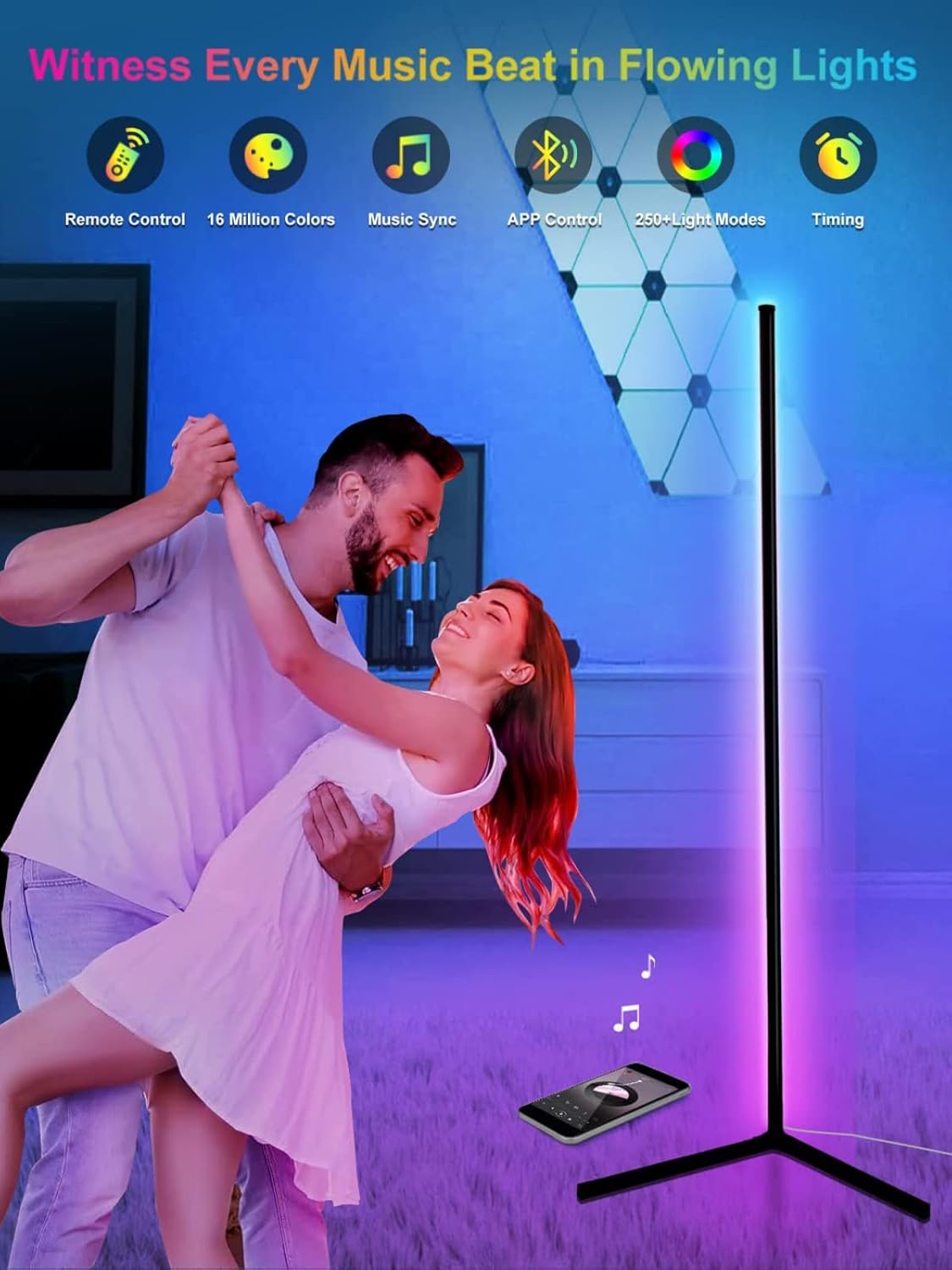 Lampadaire LED d'Angle, 165cm Lampe sur Pied RGB avec APP Contrôle et Télécommande,16 Millions Couleurs et 300 Modes, Musique Sync et Temporisation, Lampe d'Ambiance Moderne pour Salon Base triangulaire