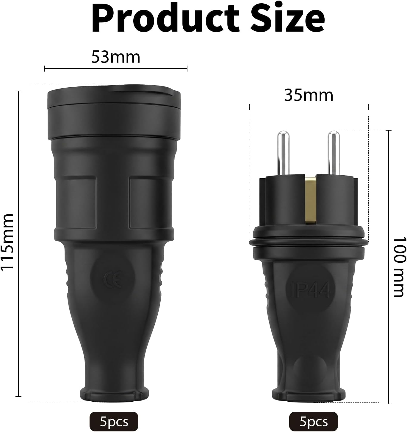 VexnaroLot de 10 Connecteurs Schuko,5 Pièces Kit Fiche Mâle + 5 Pièces Prise Femelle,Étanche IP44,250V 16A Fiche Électrique en Caoutchouc Broche,Jeu de Contacts de Protection Pour Câble de 0,5 à 3 cm²
