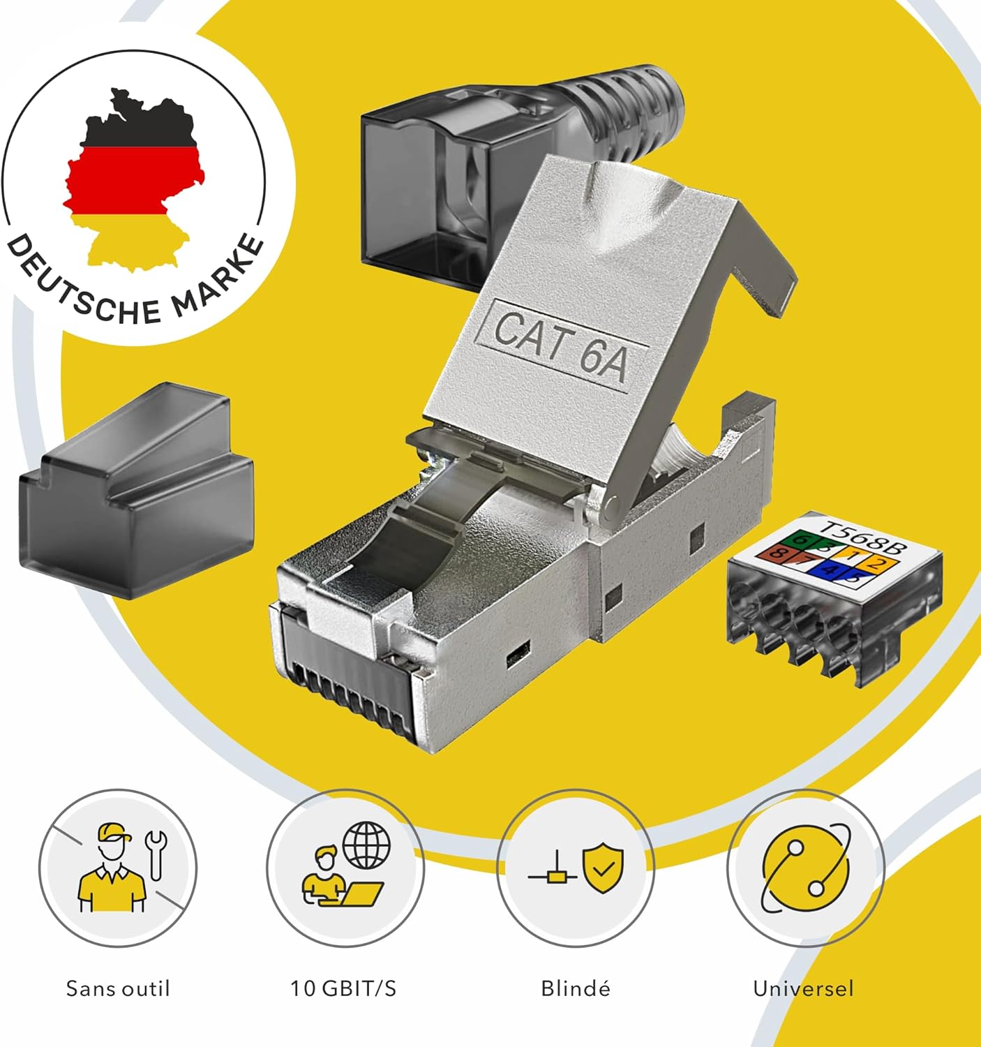 Connecteur RJ45 sans Outil Cat 6a Fiche Mâle Réseau 10Gbit/s Fiche à Sertir Blindée avec Connexion LSA pour câble ethernet Cat 7 Cat6a Cat6 8 pôles Plug - 6 pièces 6x