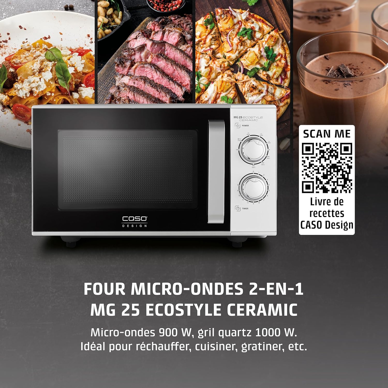 MG 25 Ecostyle Ceramic - Micro-ondes 2-en-1 sans plateau tournant avec gril 1000 W, capacité 25 L, minuterie jusqu’à 30 min, grand format, coloris argent