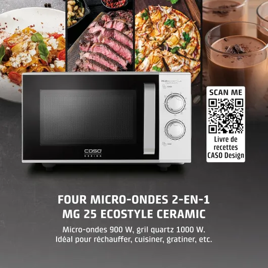 MG 25 Ecostyle Ceramic - Micro-ondes 2-en-1 sans plateau tournant avec gril 1000 W, capacité 25 L, minuterie jusqu’à 30 min, grand format, coloris argent