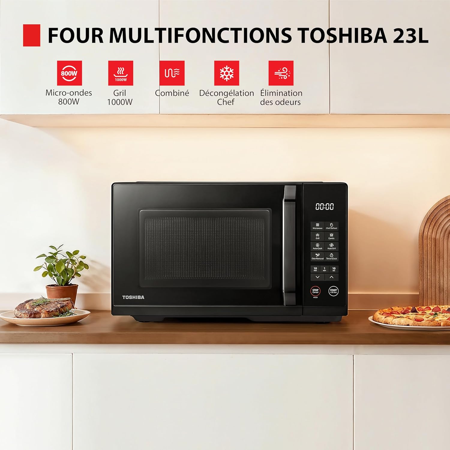 Micro-ondes MW3-EG23PE(BK) avec grill, 23 L, micro-ondes 800 W, grill 1000 W,10 niveaux de puissance, fonction Chef Defrost, menu automatique, facile à nettoyer, noire 23L Gril Version à boutons