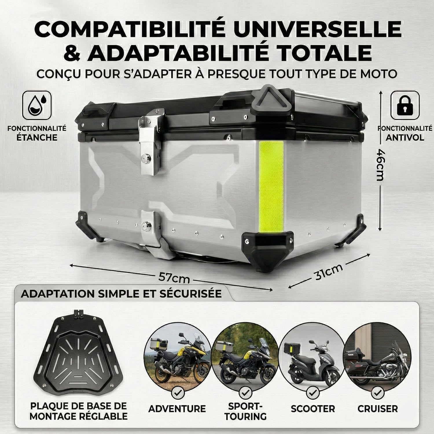 Top Case Moto 80L en Alliage d’Aluminium - Coffre Arrière Universel Étanche pour Moto & Scooter - Valise de Rangement Grande Capacité (2 Casques) avec Doublure Cuir, Serrure de Sécurité