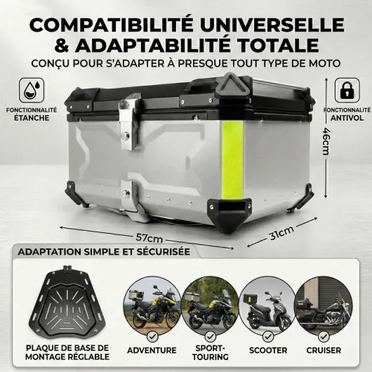 Top Case Moto 80L en Alliage d’Aluminium - Coffre Arrière Universel Étanche pour Moto & Scooter - Valise de Rangement Grande Capacité (2 Casques) avec Doublure Cuir, Serrure de Sécurité