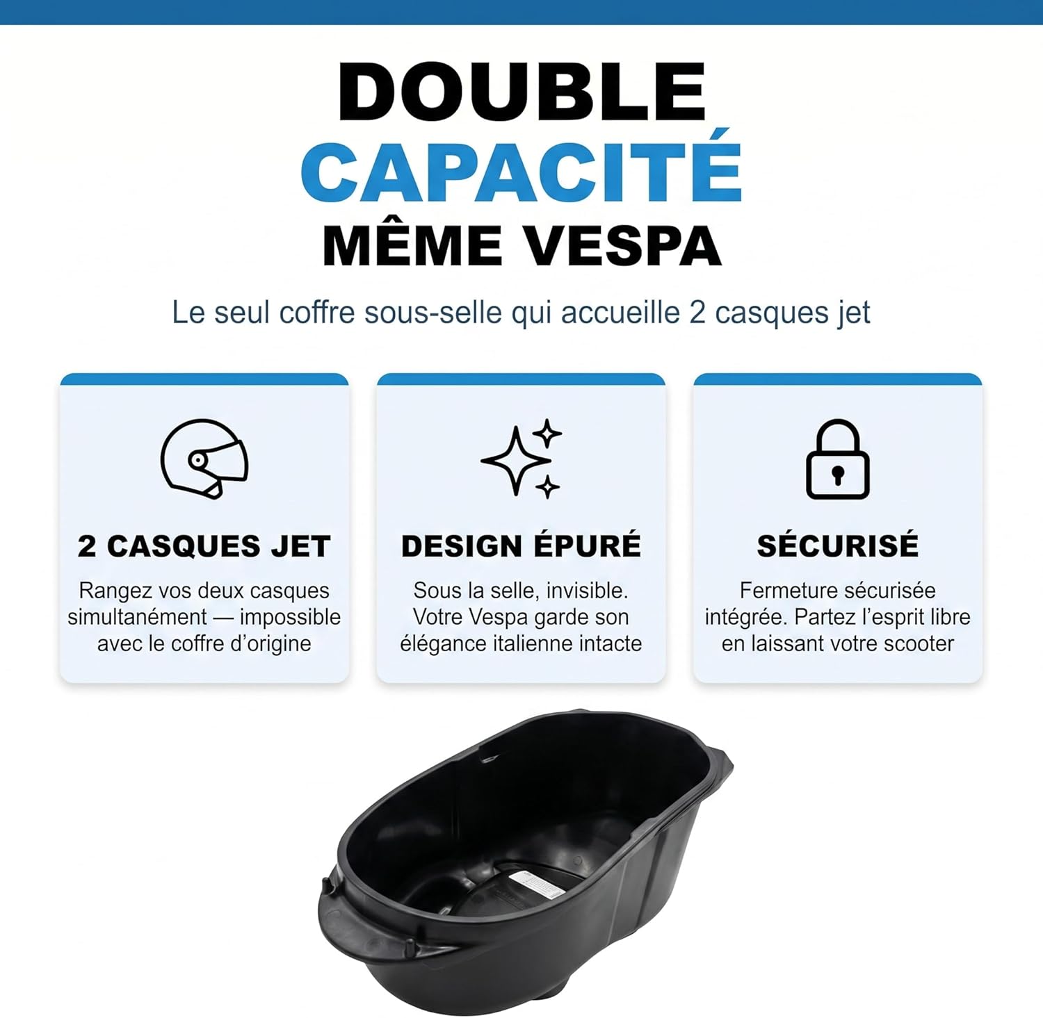 Coffre sous Selle Grande capacité Vespa GTS 125/300/310 & GTV 300/310 – Rangement 22L 2 Casques Jet – Remplacement bac d’Origine – Installation Rapide – Alternative Top Case arrière