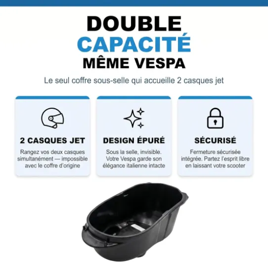 Coffre sous Selle Grande capacité Vespa GTS 125/300/310 & GTV 300/310 – Rangement 22L 2 Casques Jet – Remplacement bac d’Origine – Installation Rapide – Alternative Top Case arrière