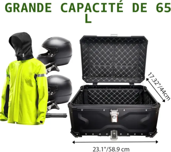 Top Case Moto, 65L Alliage d'aluminium Coffre Moto, étanche Anti-poussière et Antivol, Coffre à Bagages pour Rangement Casques, Top Case Scooter avec Dossier et Plaque de Base (Noir) 03-65l-noir
