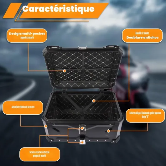 65L Top Case Moto, Coffre De Rangement Moto en Aluminium Topcase avec Serrure De Sécurité pour Rangement Casques, Aluminium Top Case Plupart des Motoes et Maxi Scooters (Noir)