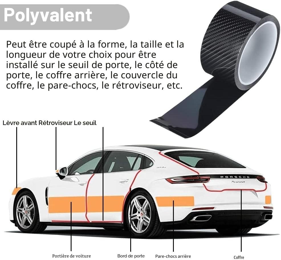 Protecteur de seuil de Garde de Porte de Voiture, 5CM×5M Fibre de Carbone 5D Film de Protection Autocollant pour portière de Voiture/Pare-Chocs Avant et arrière/Protection de seuil