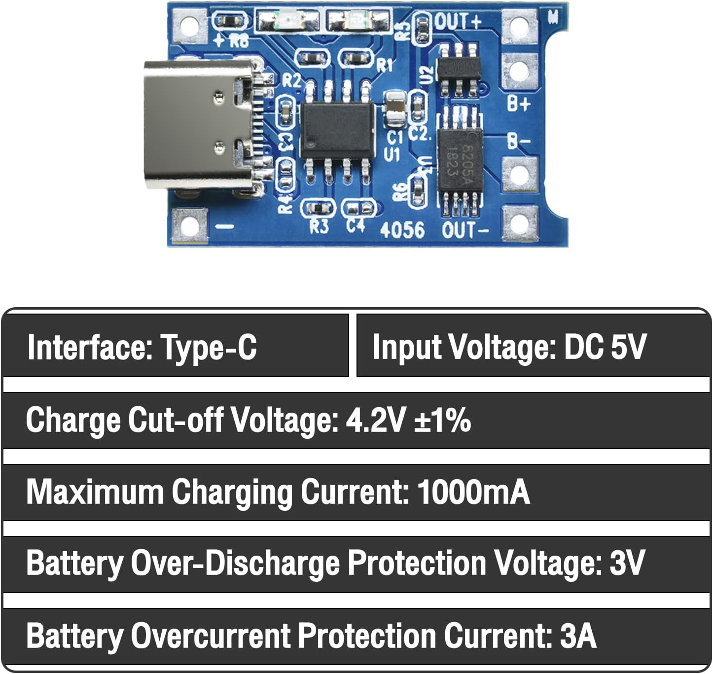 6pcs TC4056 Type-C USB-C Input Interface USB 5V 1A 18650 LiIon Lithium Charging Board Charger Module with Dual Protection Functions (en Anglais) 6PCS Type-C