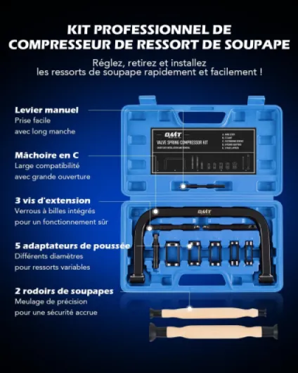 Kit Lève-soupape 10 Pièces avec Serre-Joint en C, Compresseur de Ressort de Soupape pour Auto, Moto et Petit Moteur, Outil de Distribution avec 5 Adaptateurs et Mallette