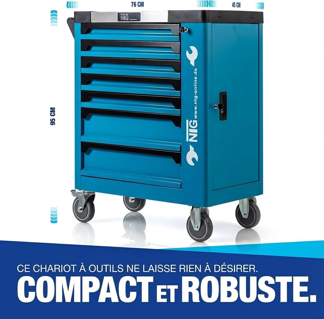NTG Chariot à outils + outils + 7 tiroirs, 252 pièces, verrouillable, dont 6 avec outils, avec inserts souples en aspect carbone, tiroirs remplis, servante d'atelier, boîte à outils Blau