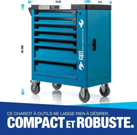 NTG Chariot à outils + outils + 7 tiroirs, 252 pièces, verrouillable, dont 6 avec outils, avec inserts souples en aspect carbone, tiroirs remplis, servante d'atelier, boîte à outils Blau