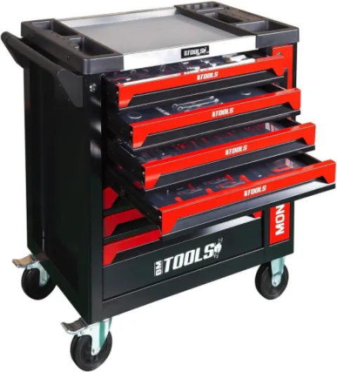 BM TOOLS Servante d'atelier 9/7 Monster-Edition-Red 7 tiroirs Pleins, 1 Porte & 1 tiroir Vertical - 257 Outils - sur roulettes