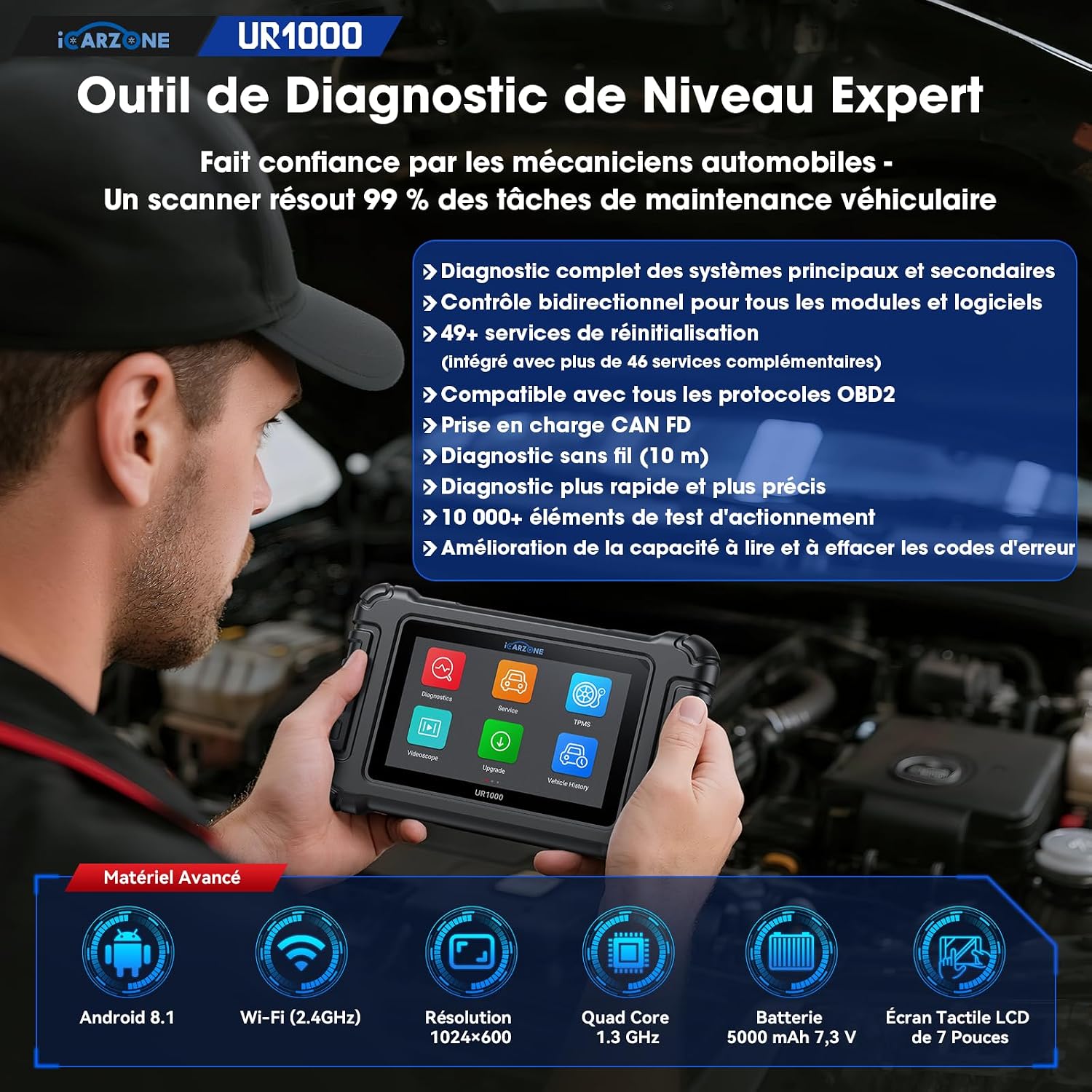 UR1000 Valise Diagnostic Auto Bluetooth, Diagnostic Voiture Multimarque pour Tous les Systèmes, 50 Services d'Entretien, Test d'Activation, Codage ECU, Programme TPMS, CANFD, Mise à Jour WiFi