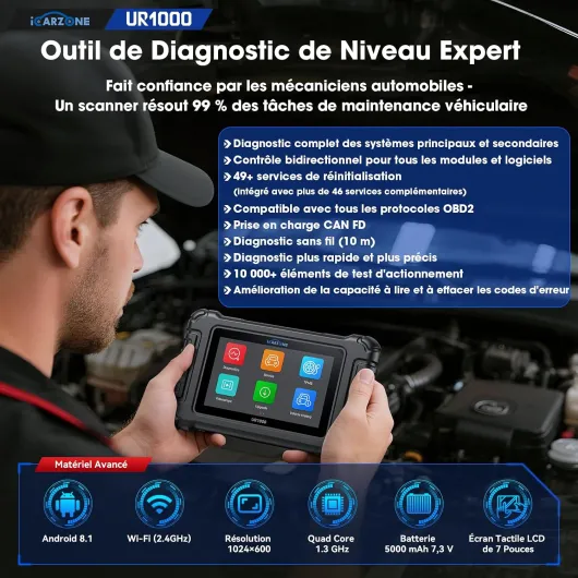 UR1000 Valise Diagnostic Auto Bluetooth, Diagnostic Voiture Multimarque pour Tous les Systèmes, 50 Services d'Entretien, Test d'Activation, Codage ECU, Programme TPMS, CANFD, Mise à Jour WiFi