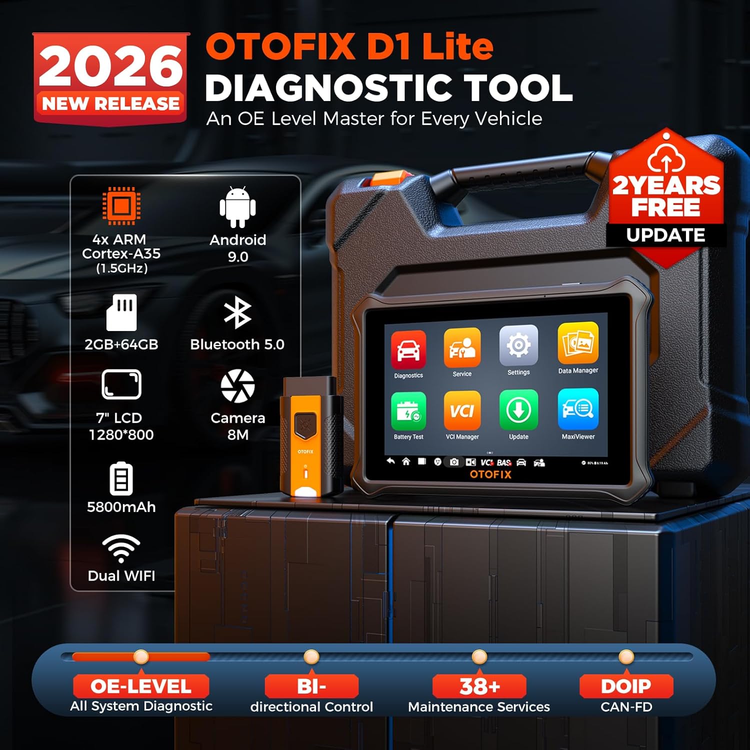 Valise Diagnostic Auto D1 Lite, 2026 Tous Les Diagnostic Voiture du système avec Test Actif, 38+ Fonctions de Service, réinitialisation de l'huile, EPB, SAS, BMS, 2 Ans de Mise à Jour Gratuite