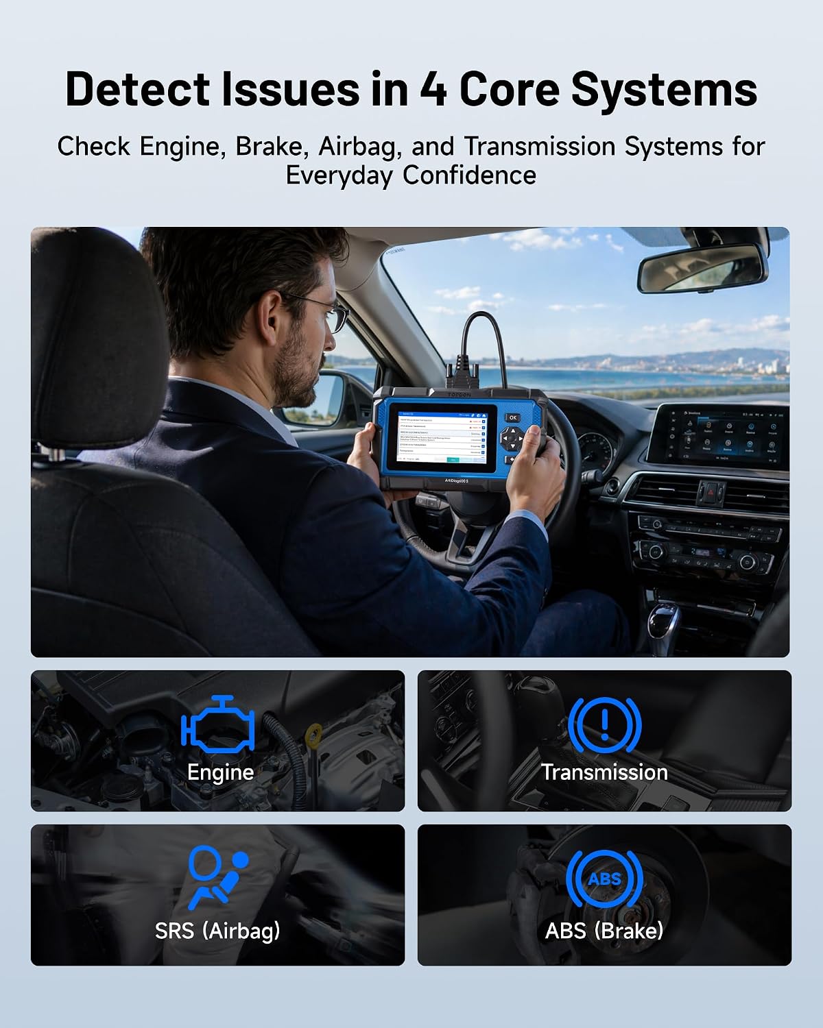 Valise Diagnostic Auto AD600S, Diagnostic Voiture pour 4 systèmes et 9 Réinitialisations(Huile, BMS, ABS, SAS, EPB, DPF, TPMS, régulation de l'accélérateur), Mise à Jour Gratuite Blau