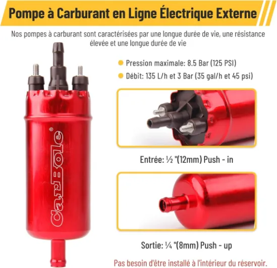 Pompe à Carburant en Ligne Électrique Externe 125 PSI, 12V, 250BHP - Essence Haute Pression pour Essence, Diesel, Remplacement de Plusieurs Numéros de Pièces, Rouge
