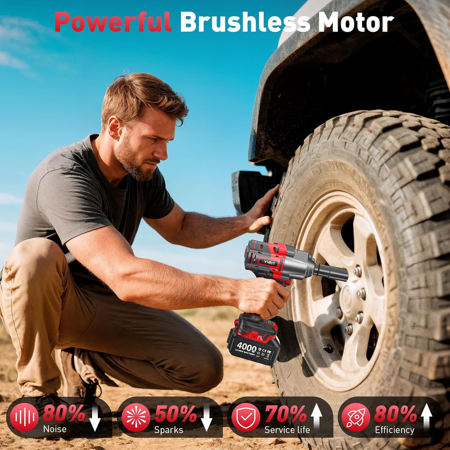 1600 N.m Clé à Choc Sans Fil Brushless avec Deux 4000mAh batteries, 1/2" Boulonneuse à Choc Électrique pour la voiture et la Maison, avec 5 Douilles à Chocs Rouge Foncé