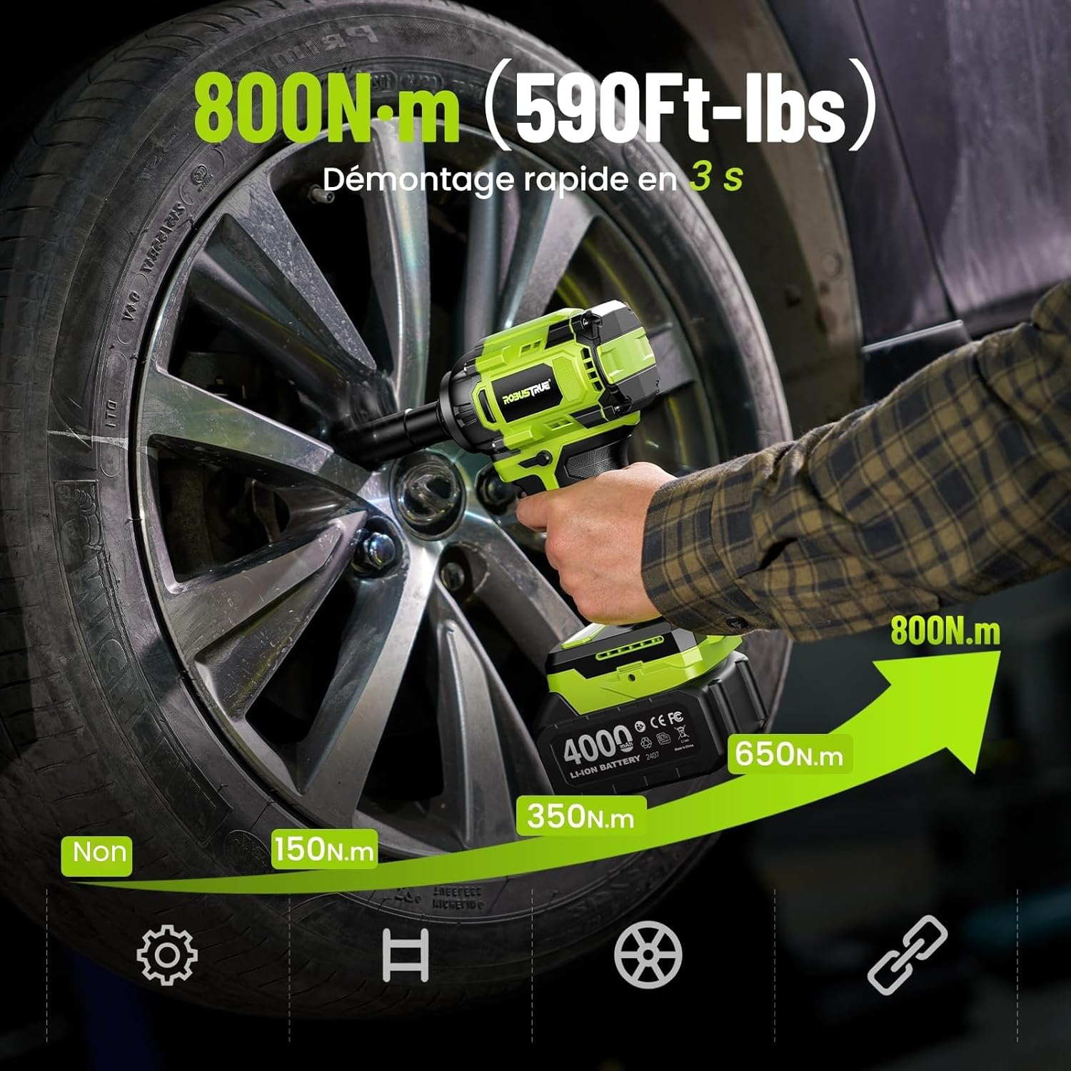 Robustrue 800 N·m clé à choc sans fil 1/2", moteur sans balais à couple élevé, vitesse jusqu’à 2800 tr/min, 2 batteries 4,0Ah avec chargeur, 4 douilles, idéale pour voiture et usage domestique Vert Fluo 800