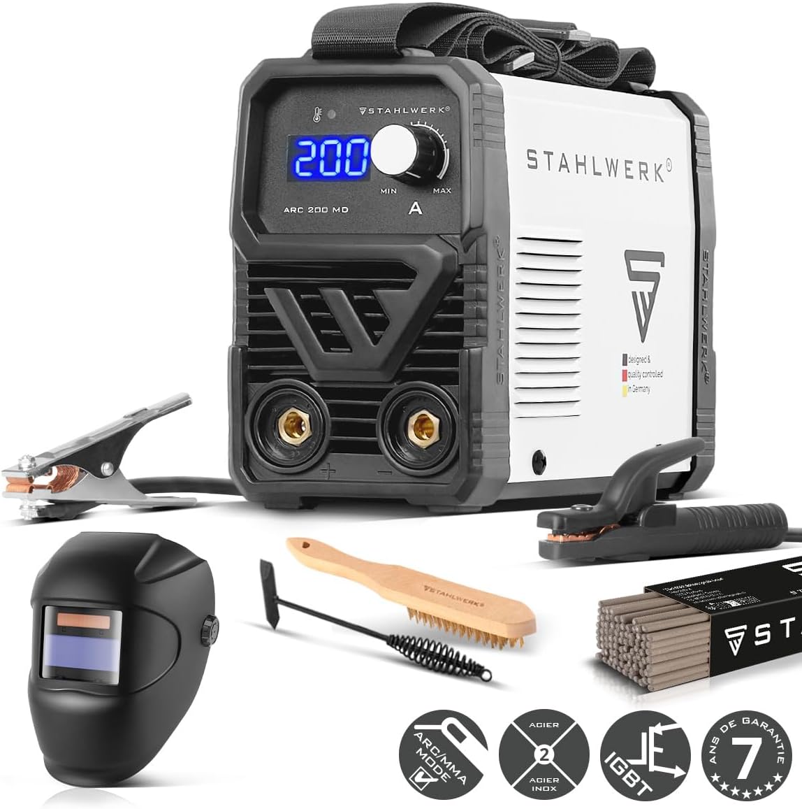 Poste à souder à l'électrode ARC 200 MD – Kit complet – MMA jusqu'à 200 A, utilisation flexible sans gaz, compact & léger, Smart Cooling, Hotstart automatique, fonction Anti-Stick Blanc 2
