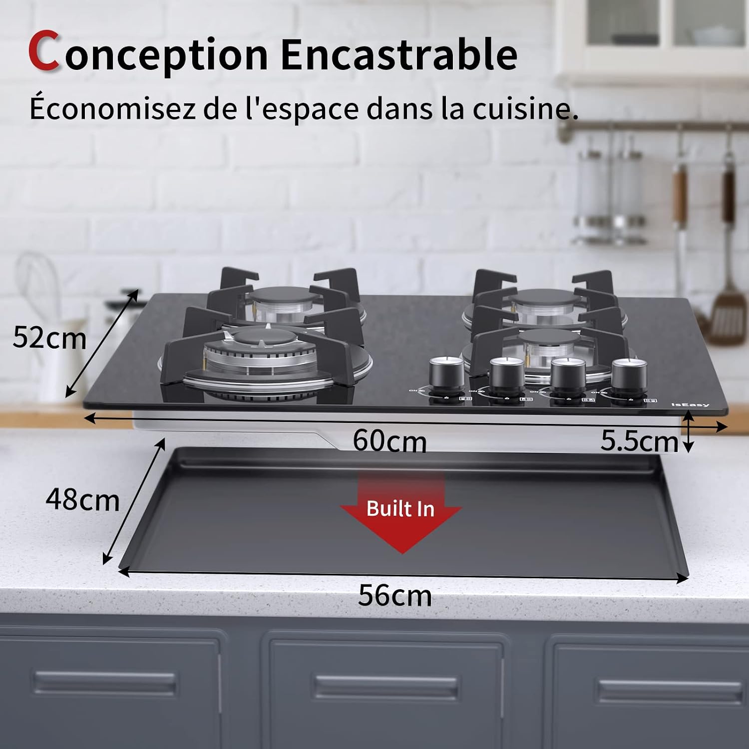 Plaque de Cuisson Gaz 4 Feuxs, Plaque Gaz 4 Feux, Table de Cuisson 60cm - Cuisinière Encastrable - Gazs Ville et Bouteille (4 Brûleurs - Verre) - 7800 W, thermocouple de sécurité pour chaque feu, convertible gaz naturel/GPL avec buses incluses