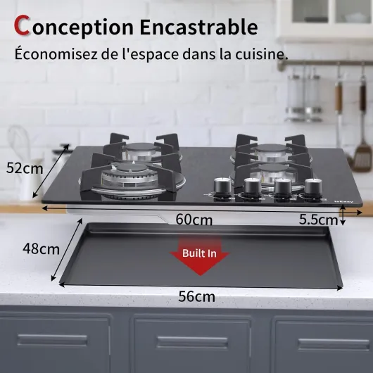 Plaque de Cuisson Gaz 4 Feuxs, Plaque Gaz 4 Feux, Table de Cuisson 60cm - Cuisinière Encastrable - Gazs Ville et Bouteille (4 Brûleurs - Verre) - 7800 W, thermocouple de sécurité pour chaque feu, convertible gaz naturel/GPL avec buses incluses