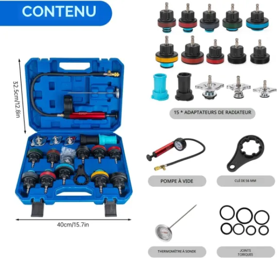 19PCS Testeur de Système de Refroidissement,Kit de Test de Pression Radiateur Système,Pompe de Liquide de Refroidissement,Outil de Test de Pression de Réservoir d'eau