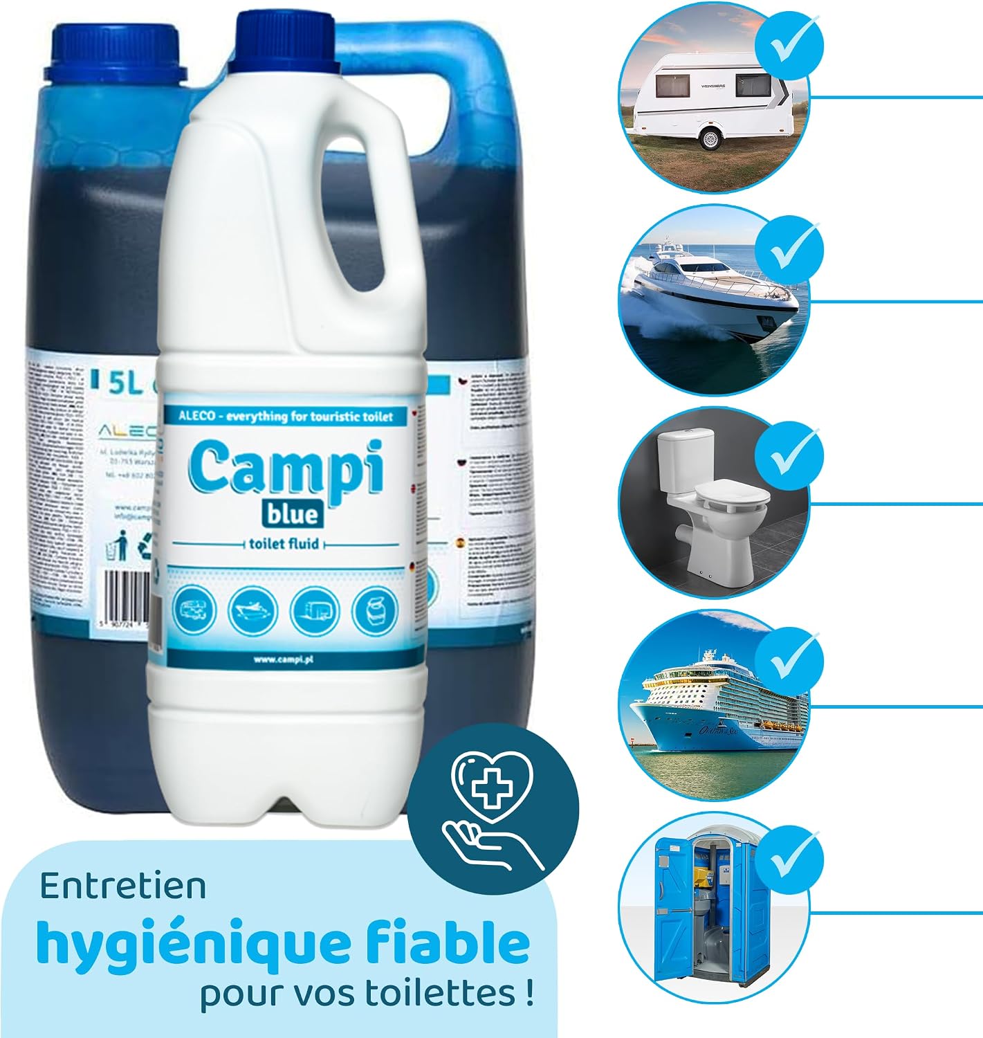 CAMPI Blue 5L Additif & Liquide pour Réservoir d'Eaux Usées - Produit Chimique WC, Pour Toilette de Camping, Caravane & Camping-car 5 l (Lot de 1)