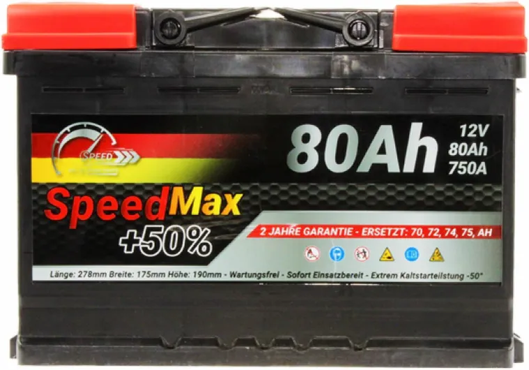 Batterie de voiture SpeedMax 80Ah 750A 12v L3 Puissance maximale - longue durée de vie, tailles L0 à L6 et également pour véhicules utilitaires et camions 80 Ah 75Ah Aucun entretien requis 80 Ah 750A 12v L3