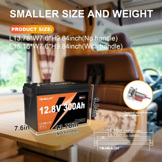 Yeagulch Batterie Lithium 12V 300Ah LiFePO4 BMS 200A 15000 Cycles - 3840Wh Décharge Profonde Rechargeable adaptée Avec Protection Basse Température au Camping-Car, Stockage Solaire, Hors Réseau 12V300Ah(38.5×19.3×25cm)